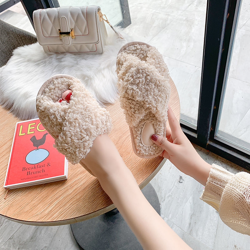 Women Fur Slippers Lambswool Cross Thong