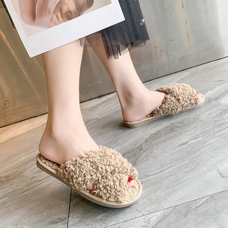 Women Fur Slippers Lambswool Cross Thong