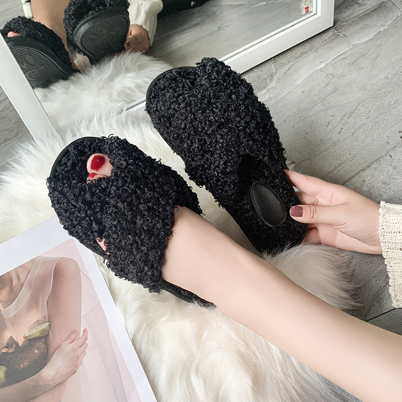 Women Fur Slippers Lambswool Cross Thong