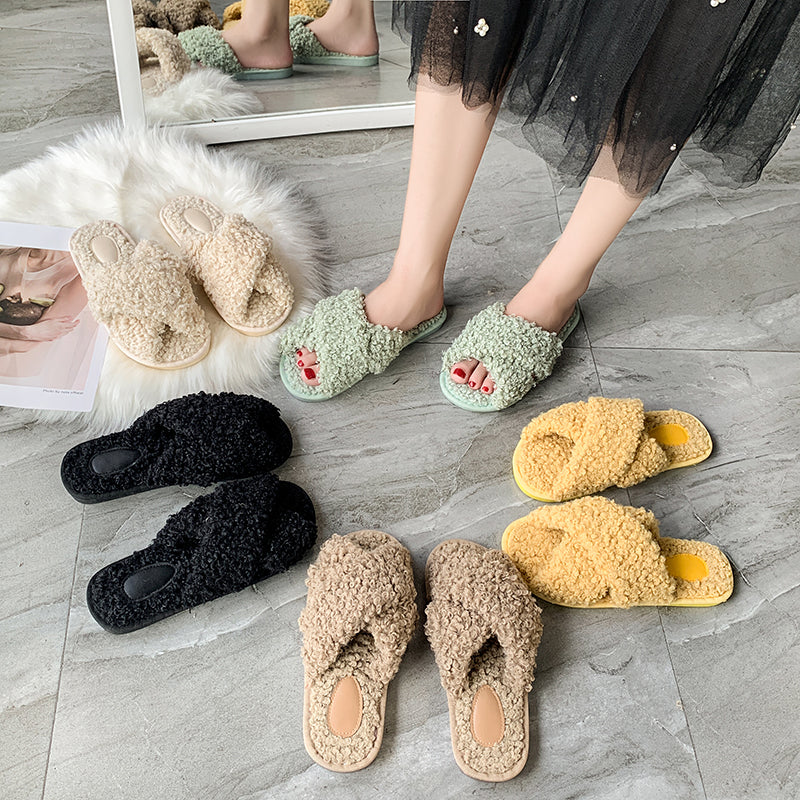 Women Fur Slippers Lambswool Cross Thong