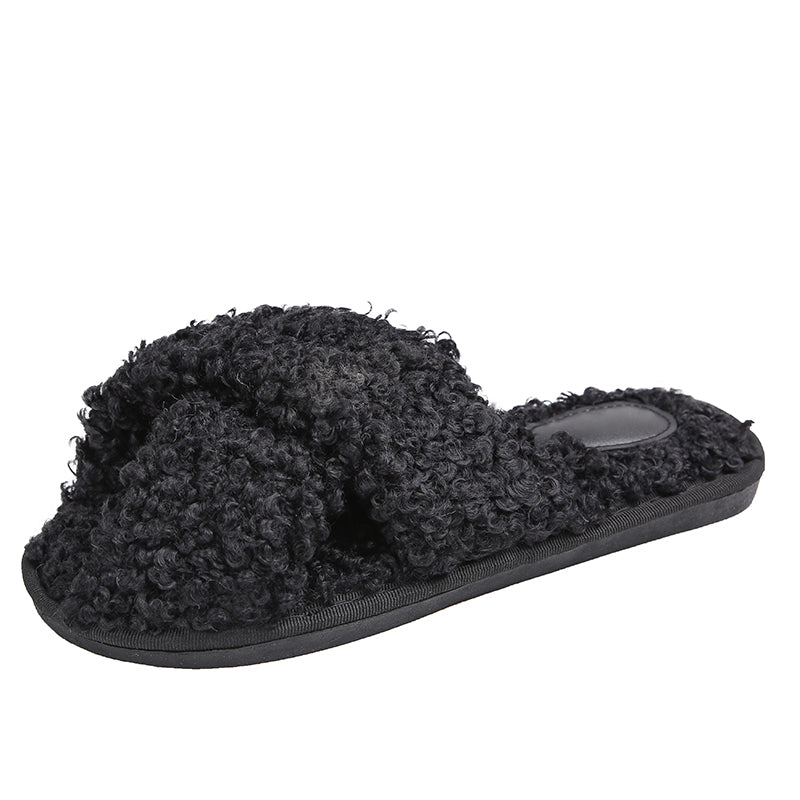 Women Fur Slippers Lambswool Cross Thong