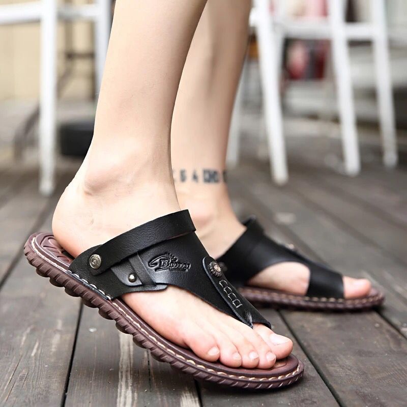 Men Leather Flip Flops Beach Sandals